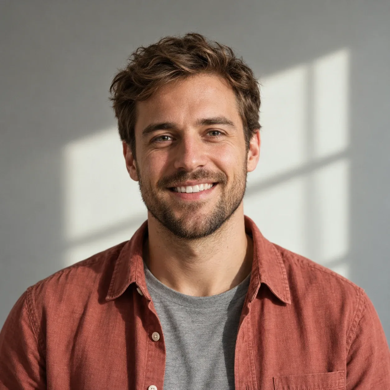 Man in his early 30s with tousled light-brown hair and stubble