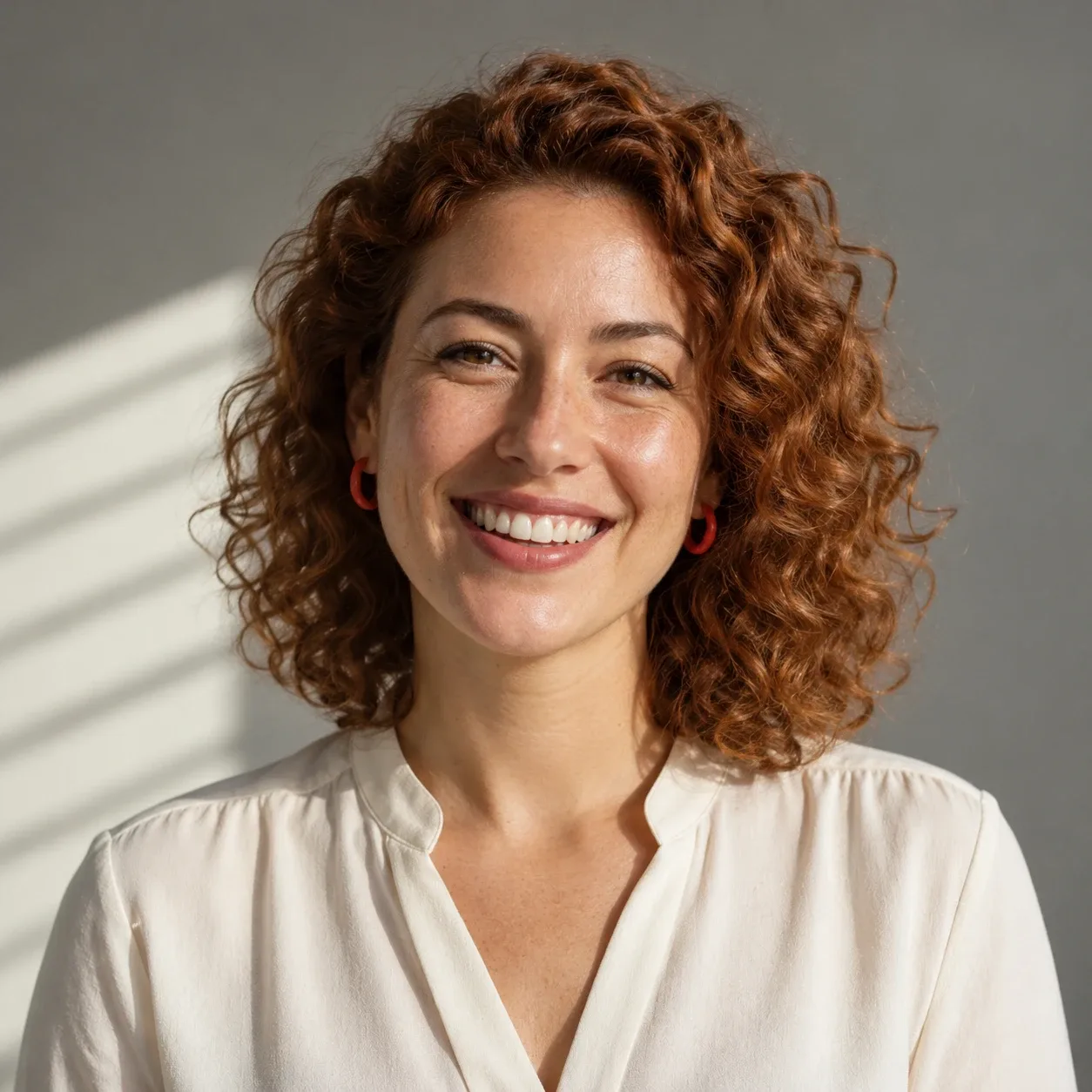 Bea Sol, new-business lead, woman in her early 30s with curly copper hair and a cream blouse