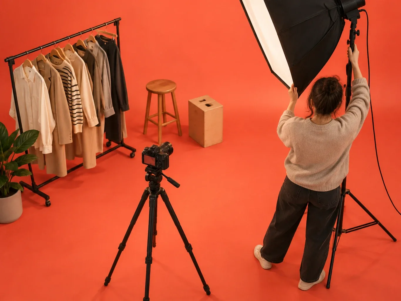 High-angle view of a Zuma shoot on coral-red seamless paper: a camera on a tripod