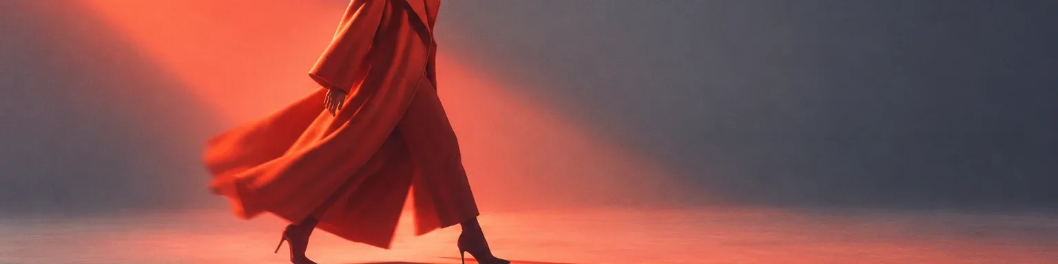 Mareva lookbook: a model in a sculptural coral-red coat walking through hard studio light