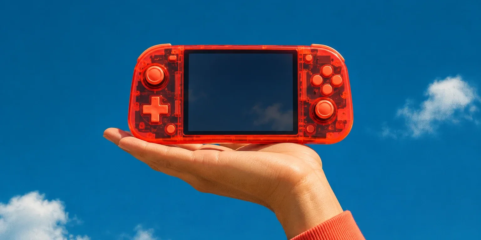 A translucent coral handheld game console balanced on an outstretched open palm