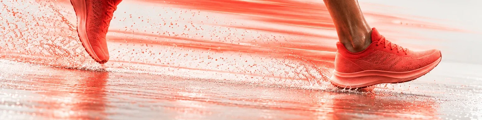 Volta campaign: coral running shoes mid-stride on a wet track with coral light trails