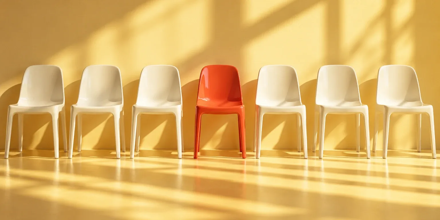 A single glossy coral-red chair standing in a long row of identical plain white chairs