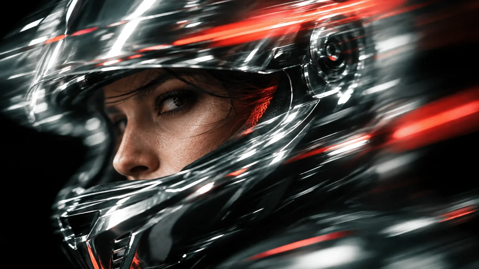 Close-up of a figure in a mirrored silver helmet turning fast