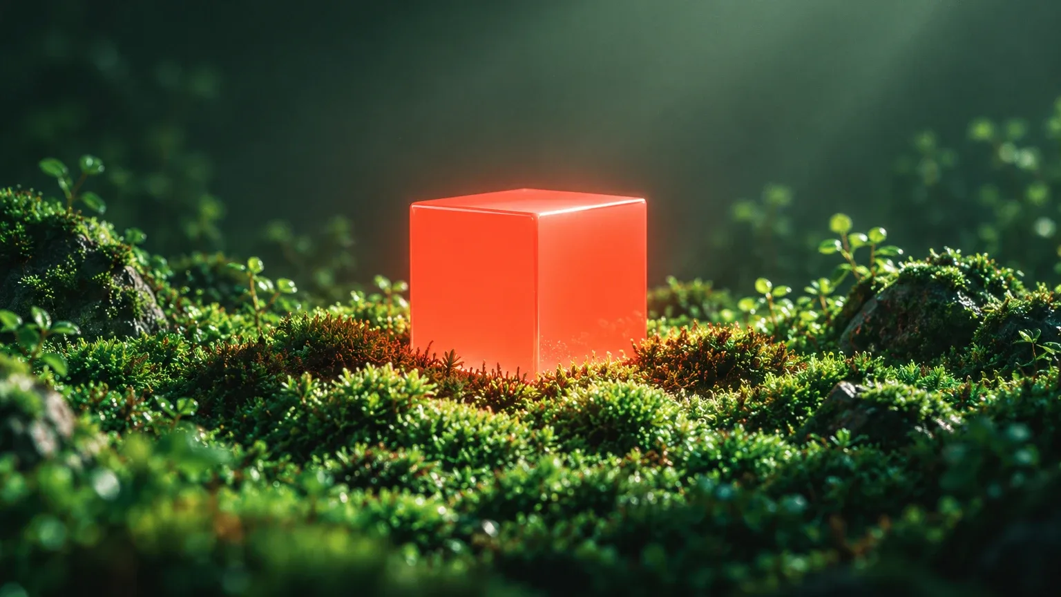 A single glowing coral-red cube resting on a soft mossy mound, soft halo of light around it