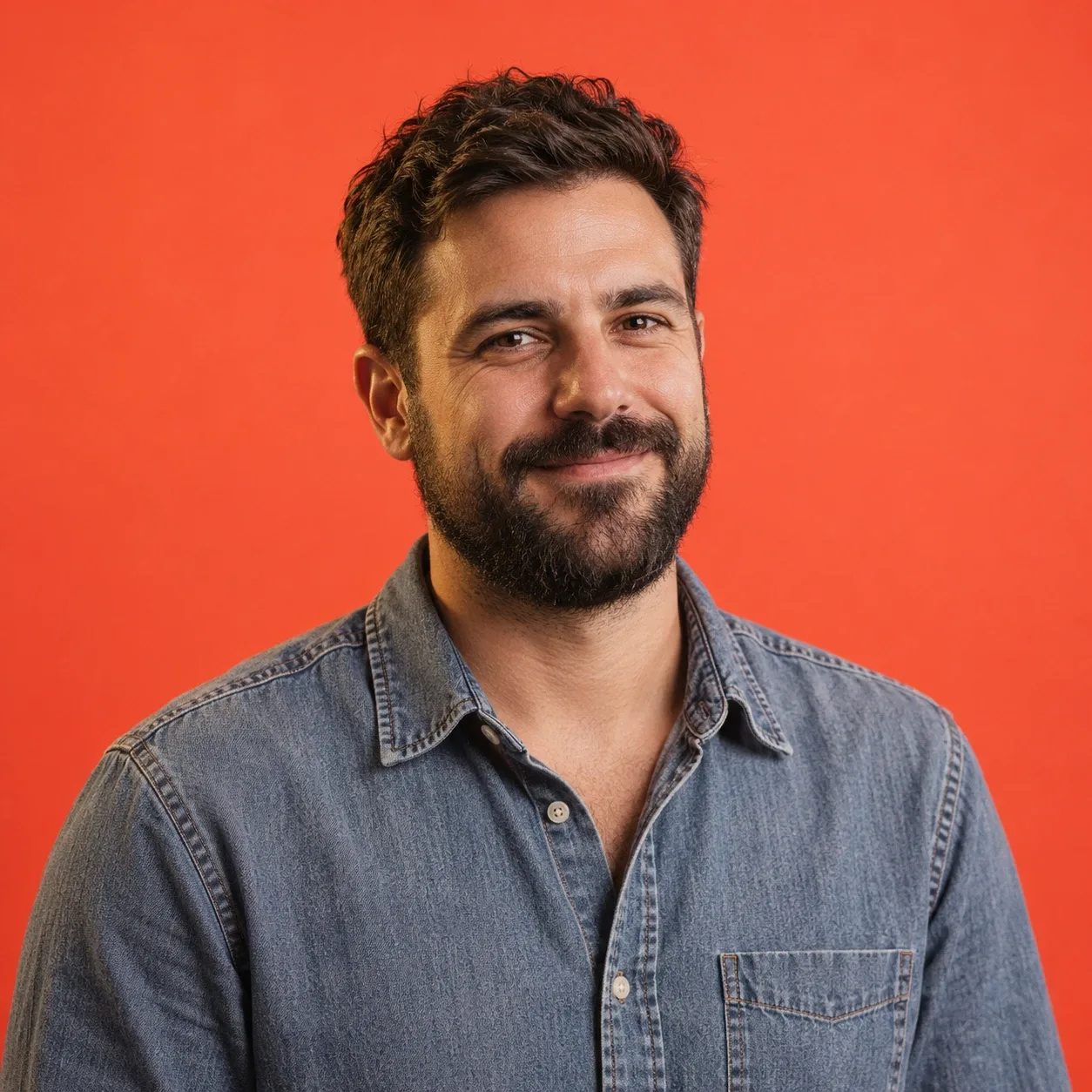 Man in his 30s with a full dark beard and a faded denim shirt, chest-up, wry smile