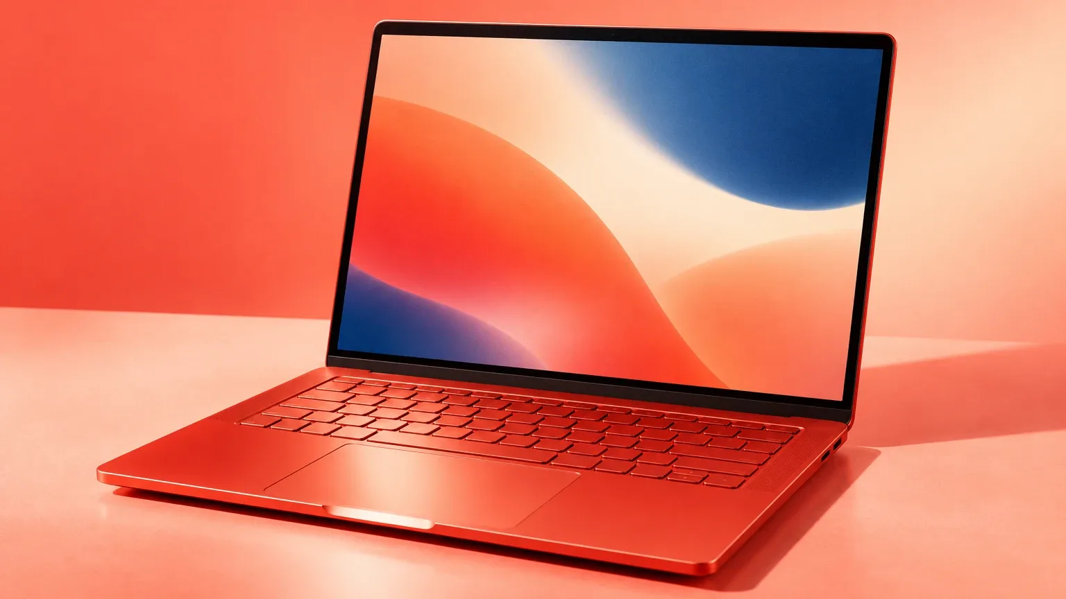 A glossy coral-red laptop open at a three-quarter angle on a pale coral tabletop