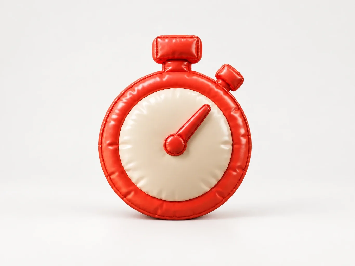 One inflated puffy coral-red stopwatch with a plain cream face and a single hand, no numbers