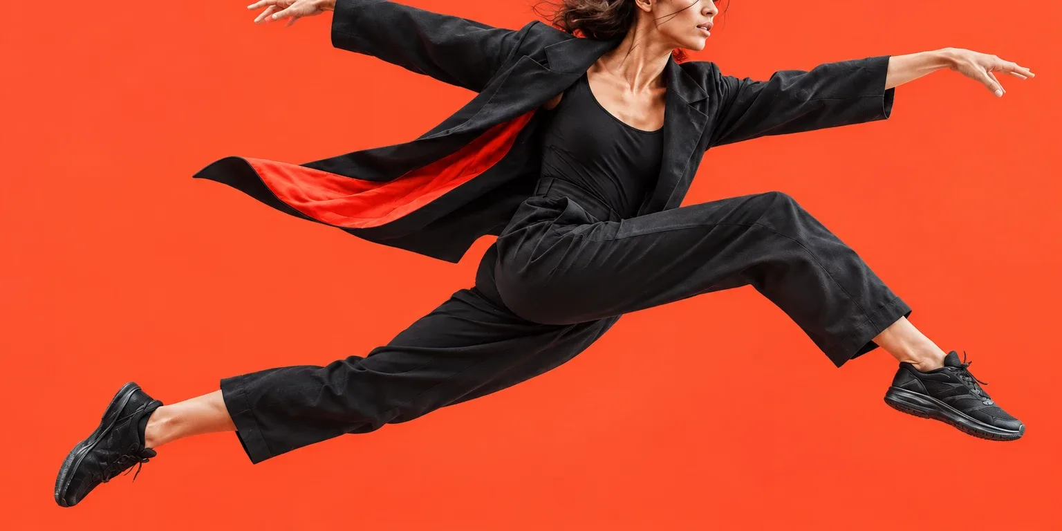 Dancer leaping across a bright coral backdrop with a long black coat flaring behind