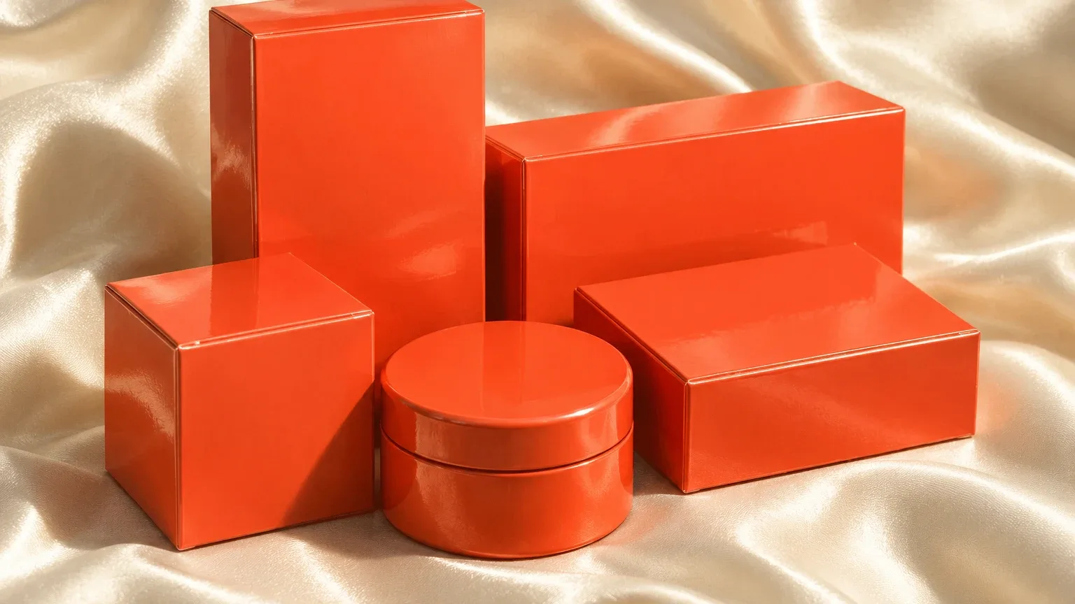 A set of glossy coral-red packaging boxes and one round coral tin arranged on rumpled cream satin