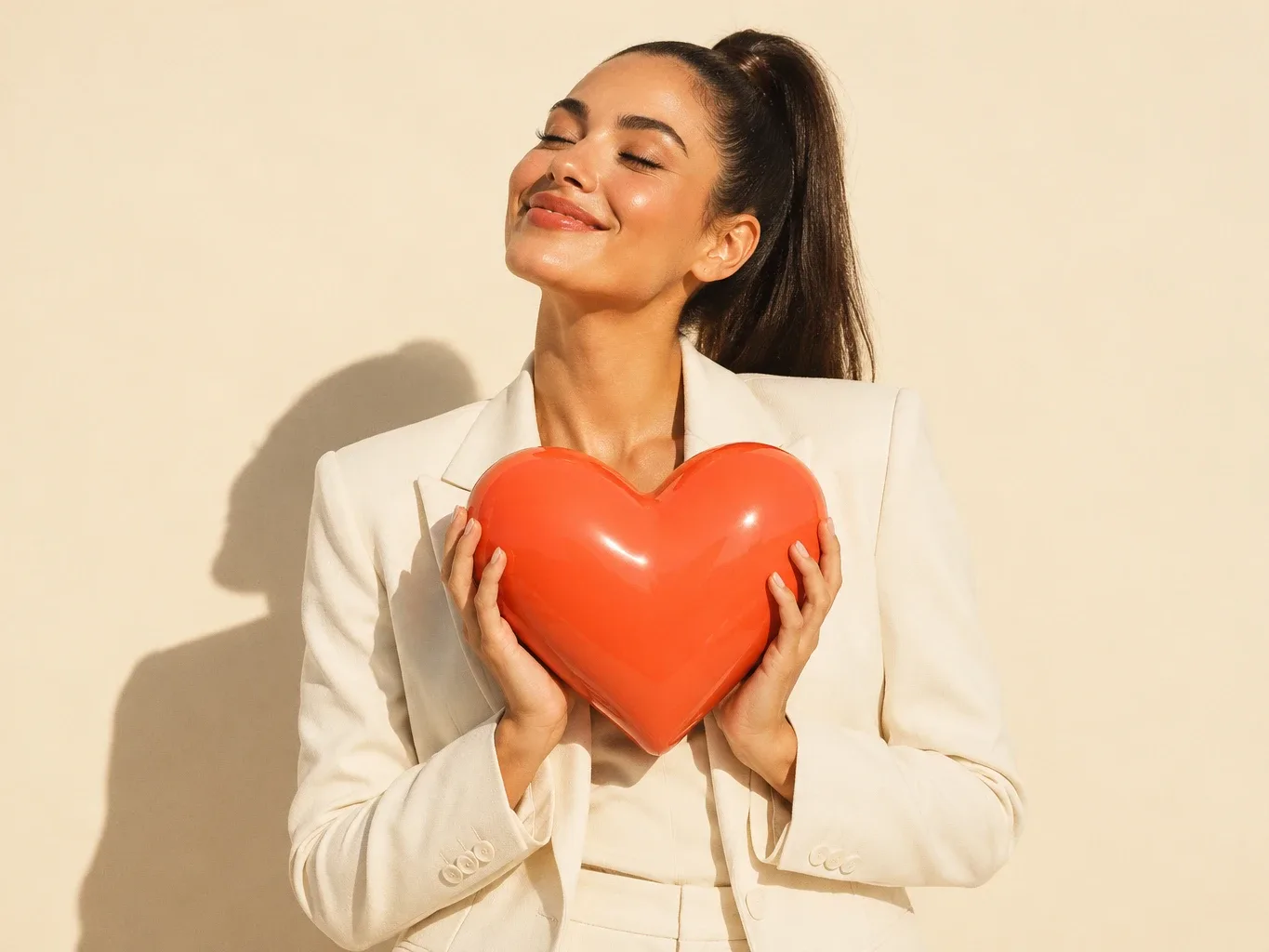 A model with a sleek high ponytail in a cream suit