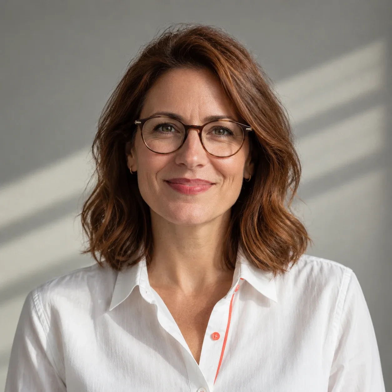 Woman in her 40s with shoulder-length auburn hair and thin glasses, white shirt