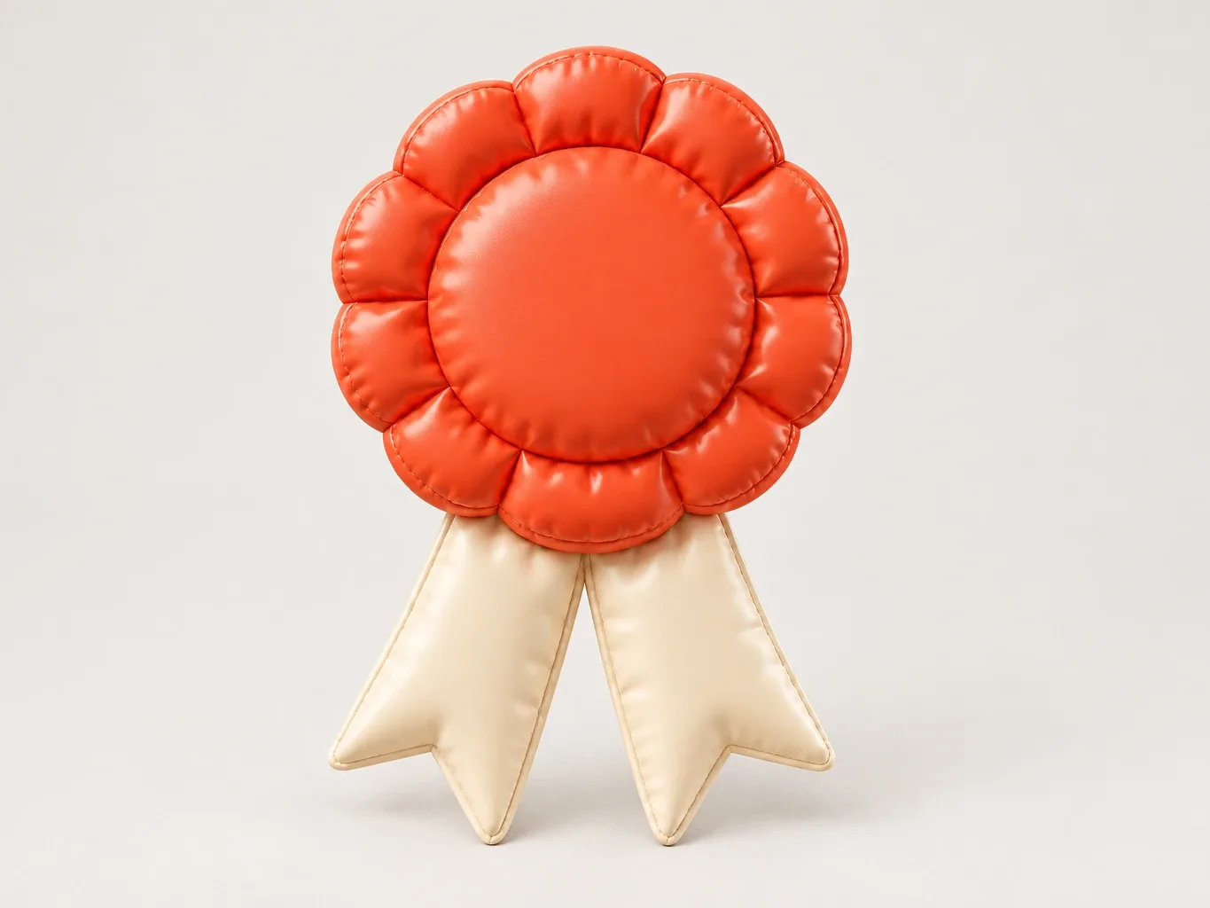 One inflated puffy coral-red rosette medal with two cream ribbon tails, blank face