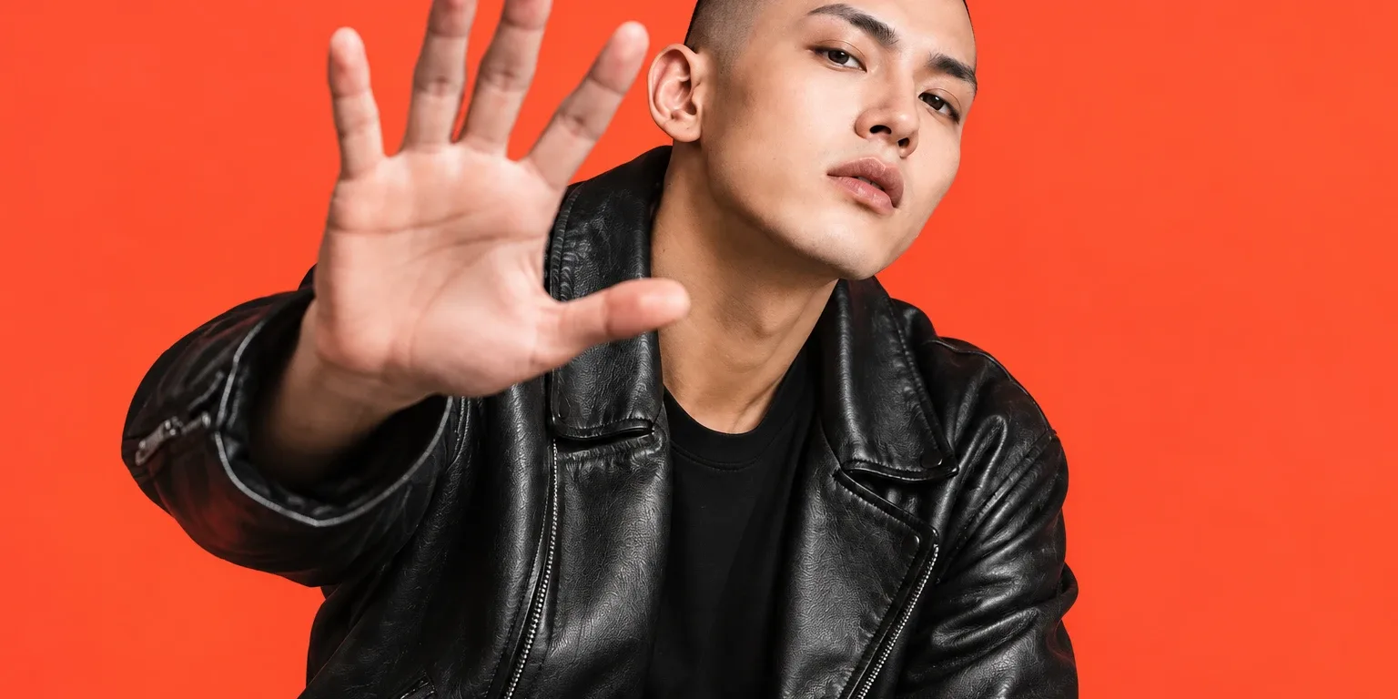 Young man with a shaved head in a black leather jacket, one hand raised to the lens, on a bright coral backdrop