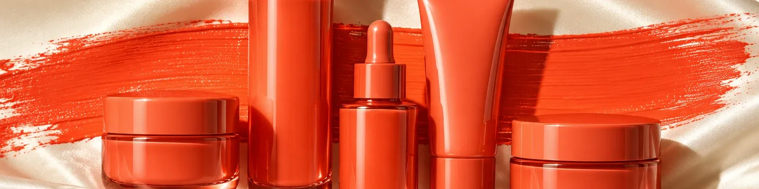 Lumo skincare: glossy coral bottles and jars on cream satin with a coral brush stroke