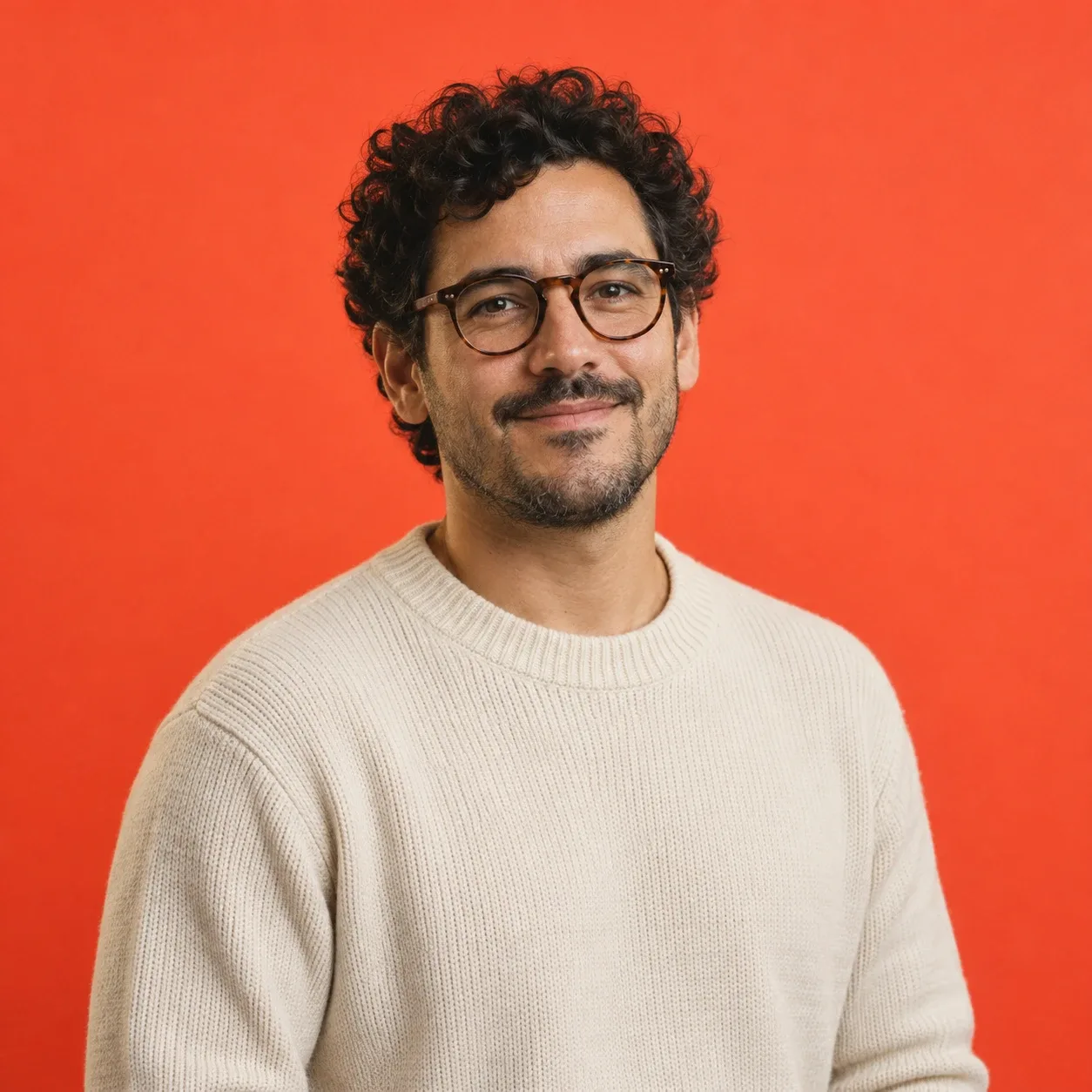 Man in his late 30s with curly dark hair, round tortoiseshell glasses and a cream knit, chest-up