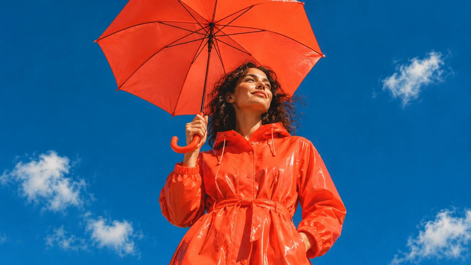 Low-angle shot of a model in a glossy coral-red raincoat holding an open coral umbrella high