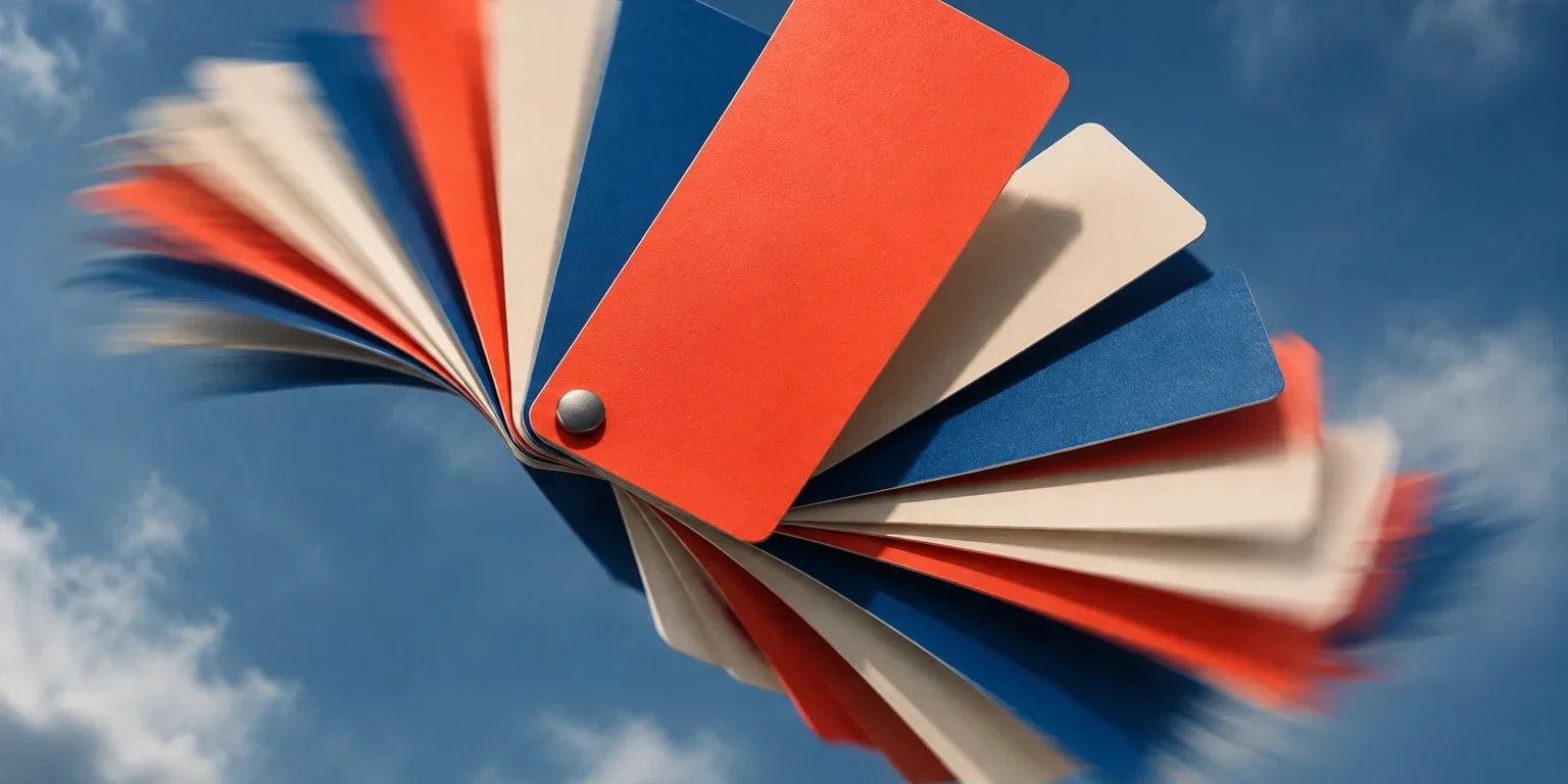 A fan of blank paper colour swatches in coral-red