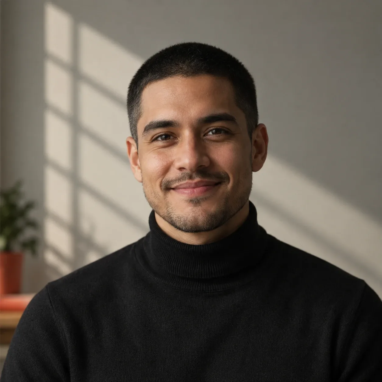 Kai Moreno, man in his late 20s with a buzz cut and a black rollneck