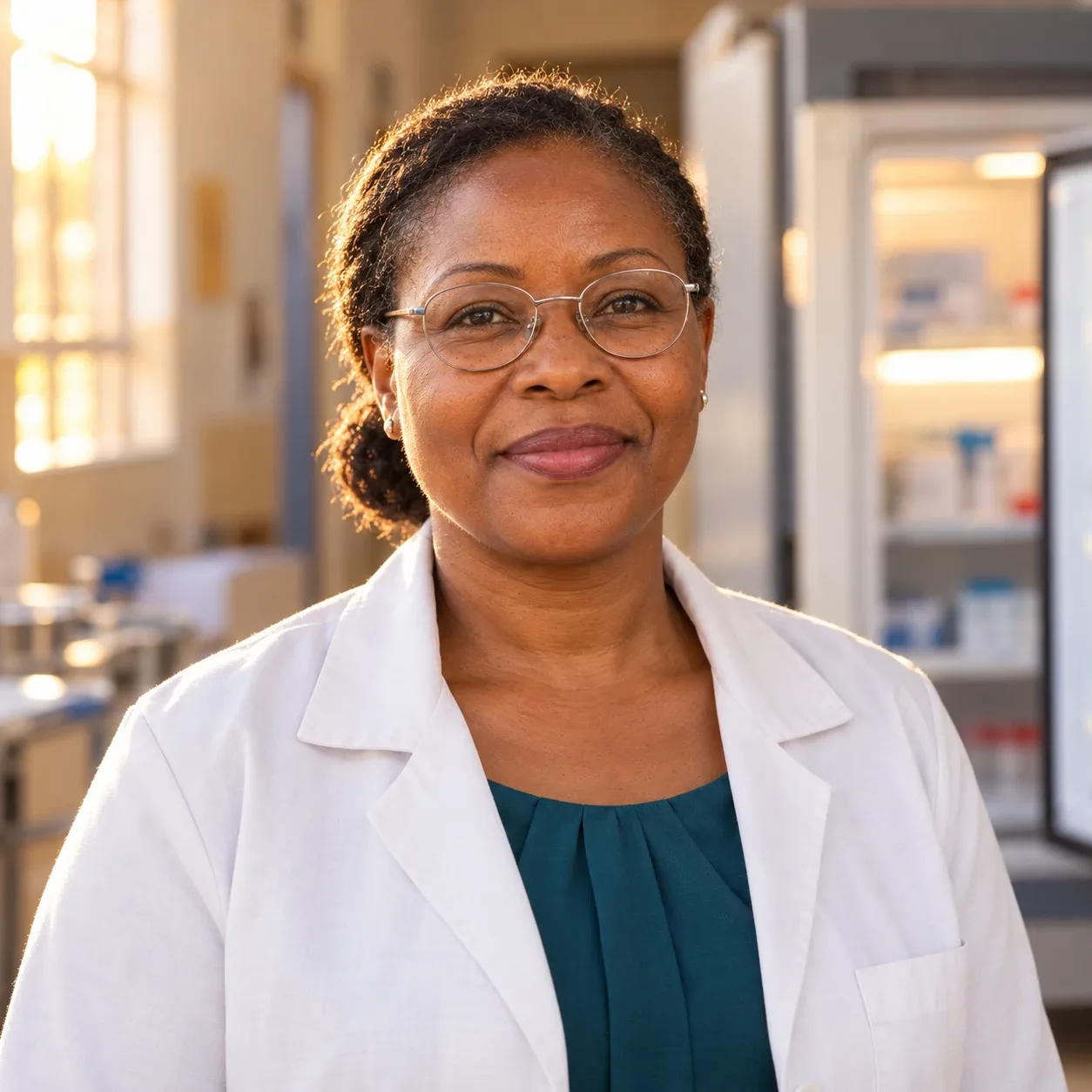 A clinic manager standing beside a vaccine refrigerator that now runs on solar power.
