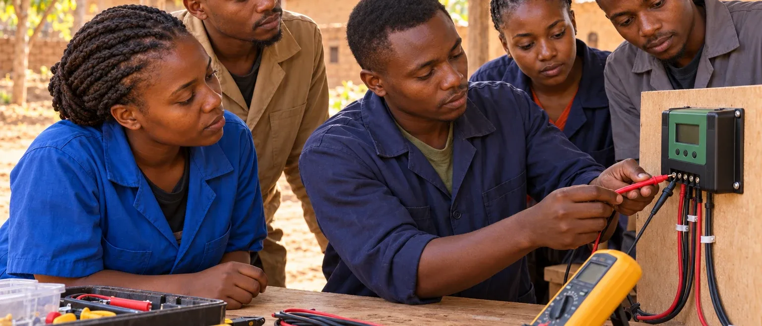 Five apprentices gathered around a workbench in an open-sided partner workshop.