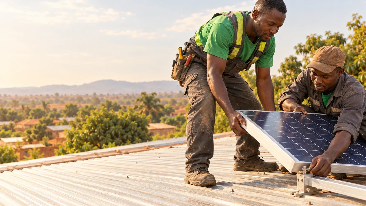 Two technicians on a tin roof lifting a panel into its bracket between them.