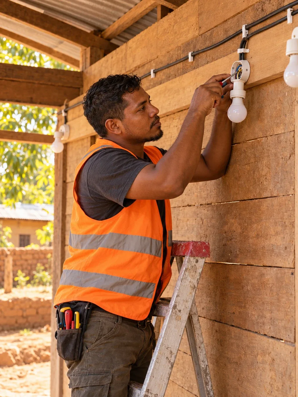 An installer on a short ladder fixing a panel bracket to a timber house wall.