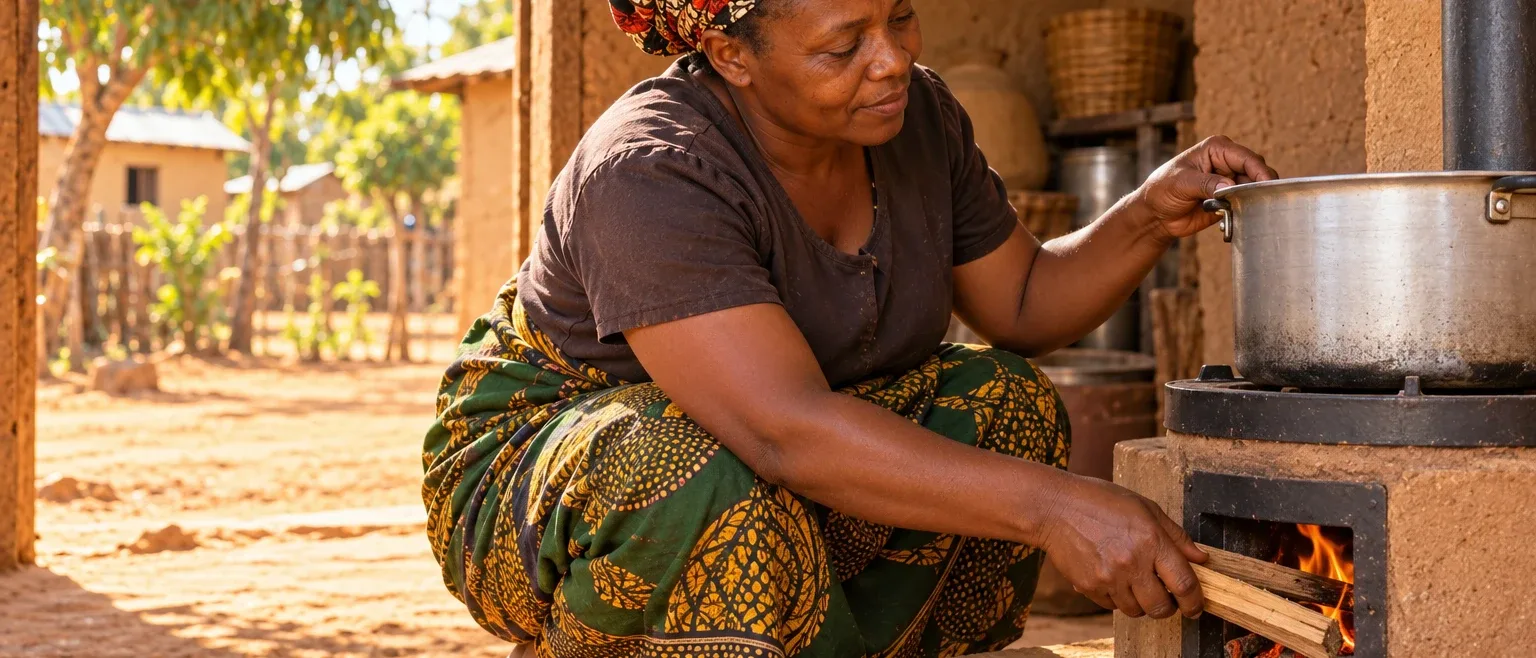 A woman cooking on a vented clay and steel stove in a doorway, with no smoke in the room.