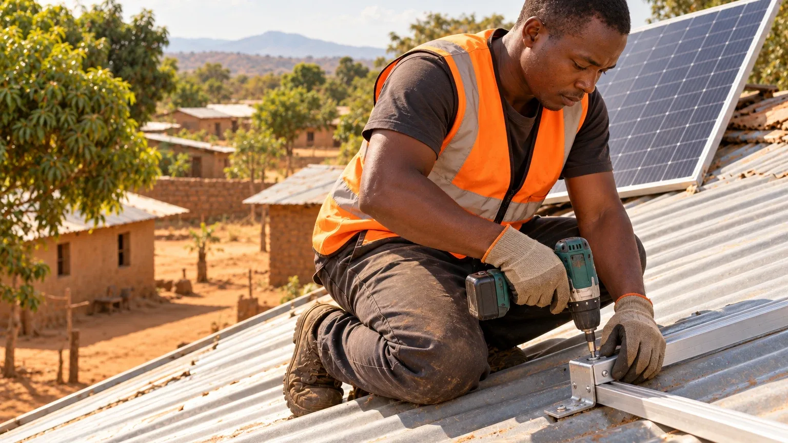 An installer in a high-visibility vest drilling the first bracket for a roof panel.
