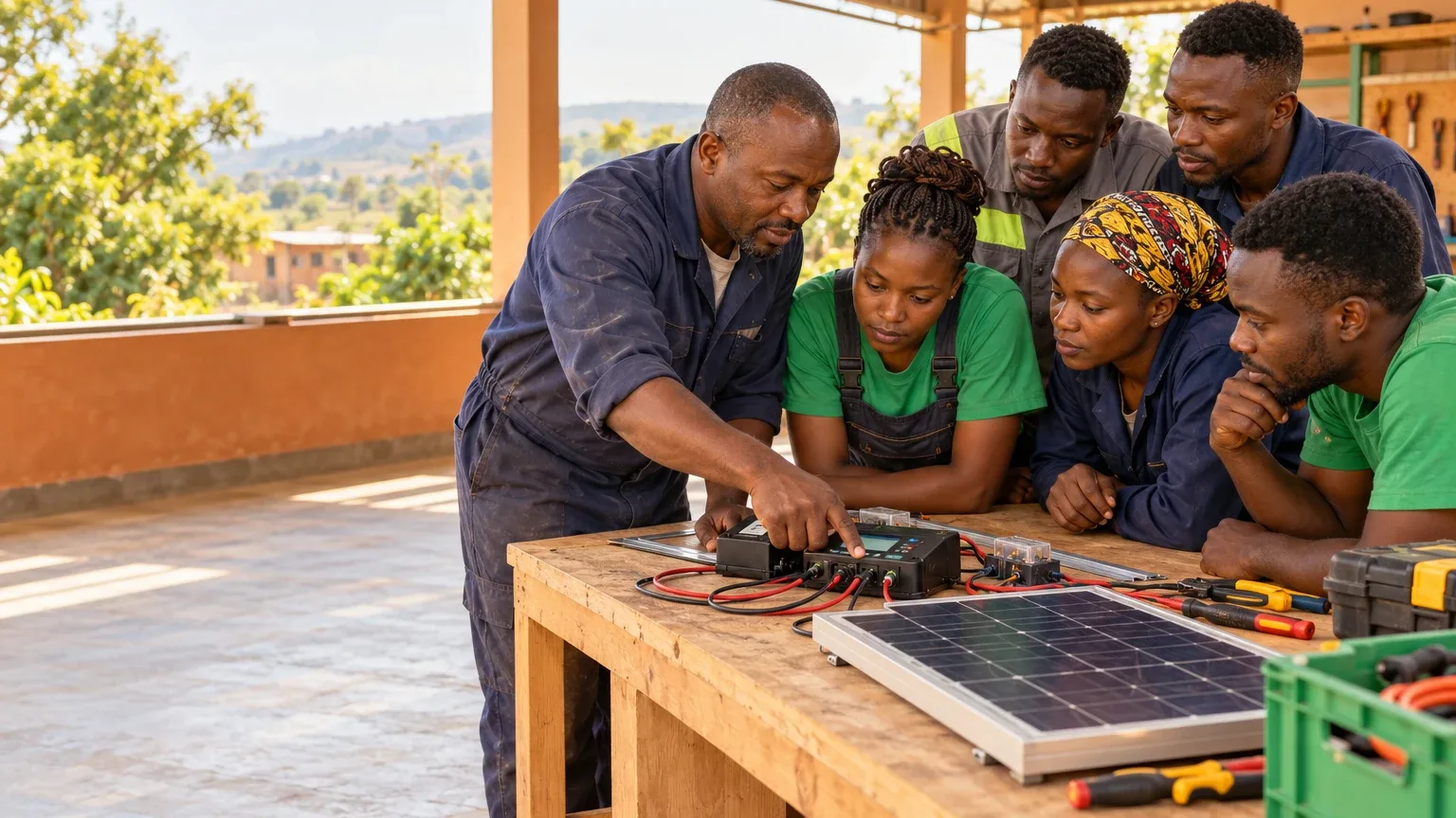 An instructor and five apprentices around a workbench in an open-sided training workshop.