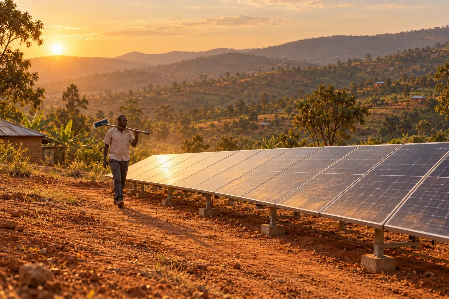 Twelve ground-mounted solar panels in a cleared hillside field, with the community operator walking the row.