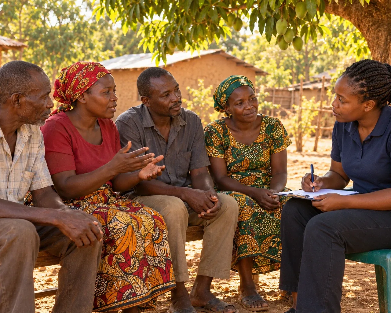 A partner coordinator sitting under a tree with a household, going through a notebook together.