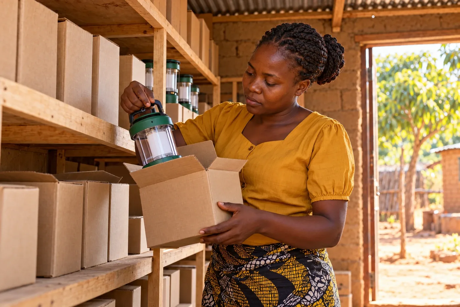 A storekeeper counting lantern cartons on a plywood shelf in a partner store room.