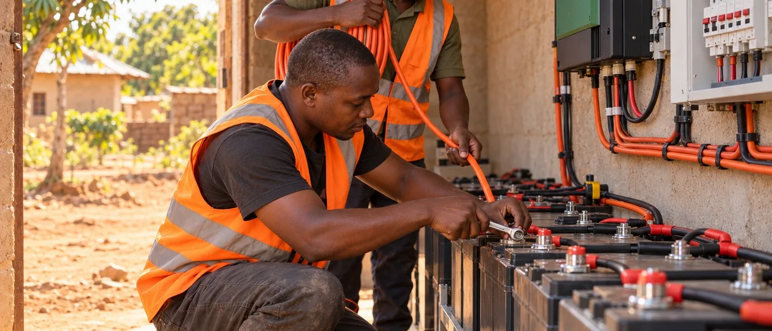 Two technicians wiring a battery bank in an open shed at a mini-grid site.