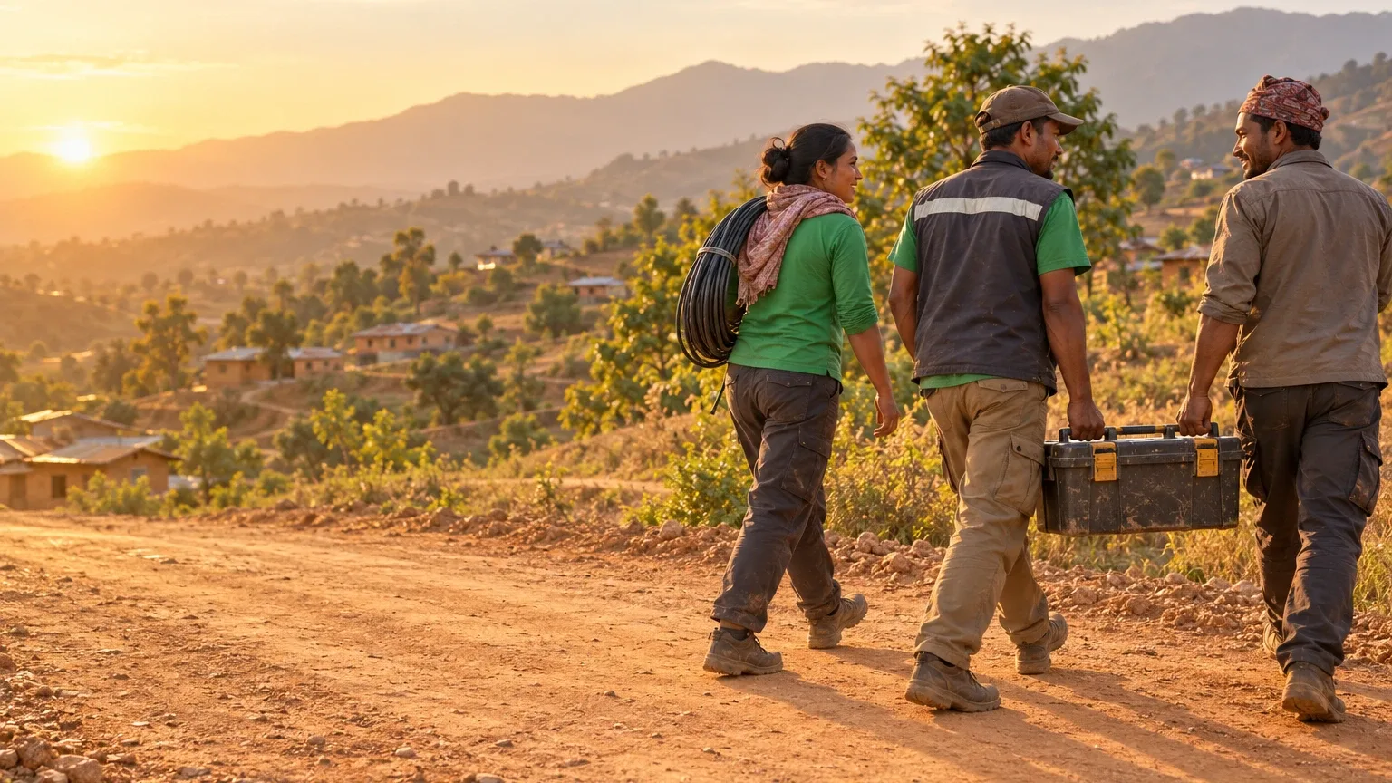 Three people from a partner organisation walking a dirt track away from a hillside village.