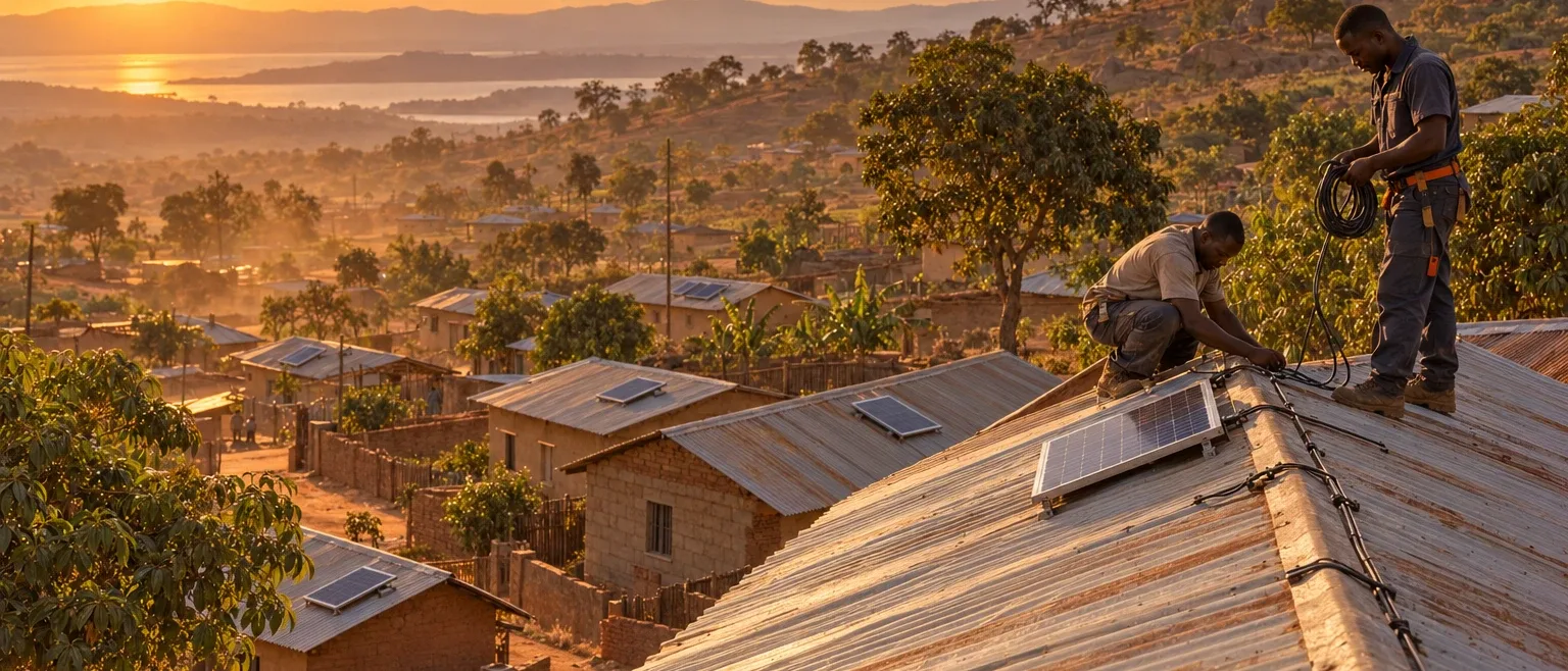 A line of tin roofs stepping down a hillside village, each one carrying a small solar panel.
