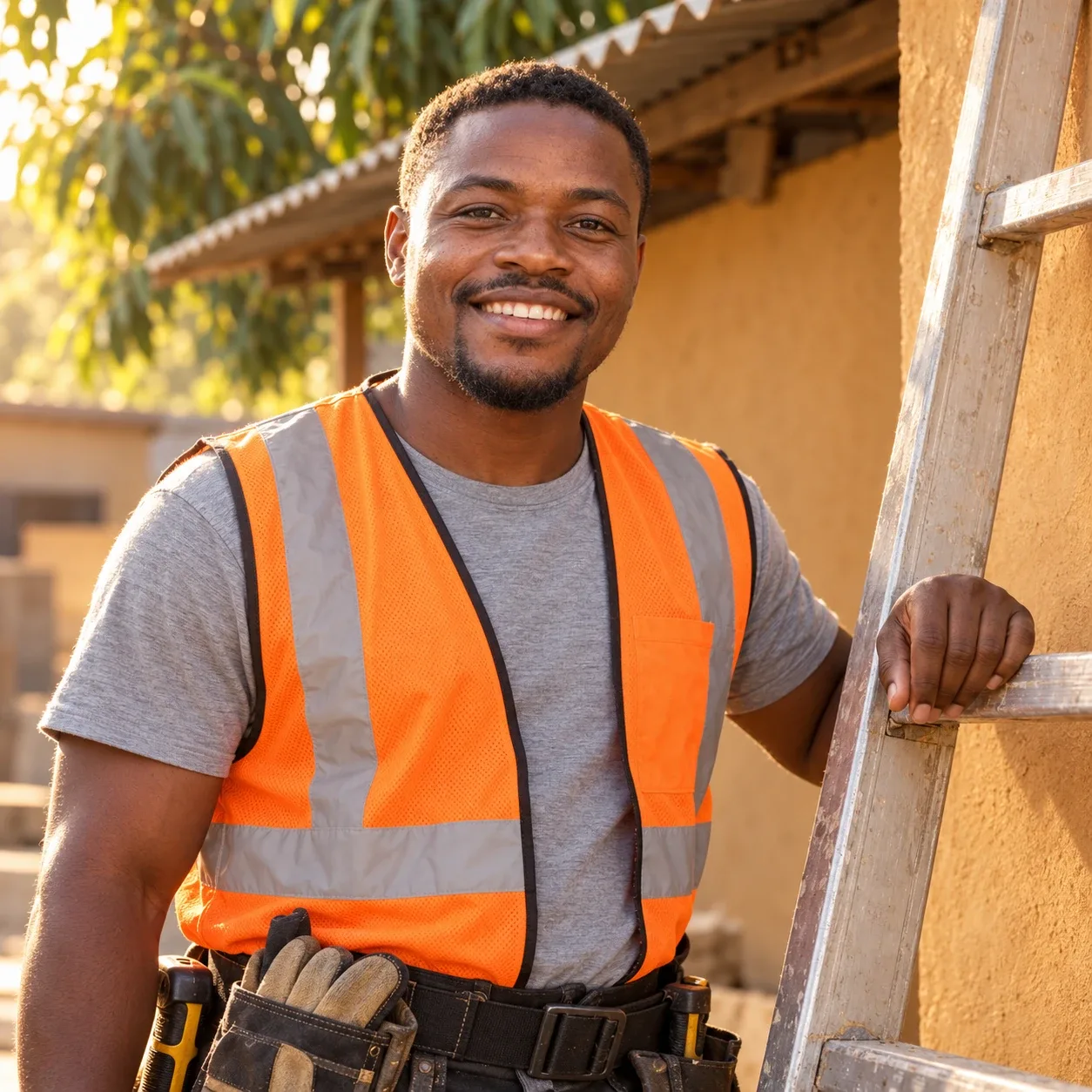 Joseph Phiri, Lead Installer, standing at the foot of a ladder against a village wall.