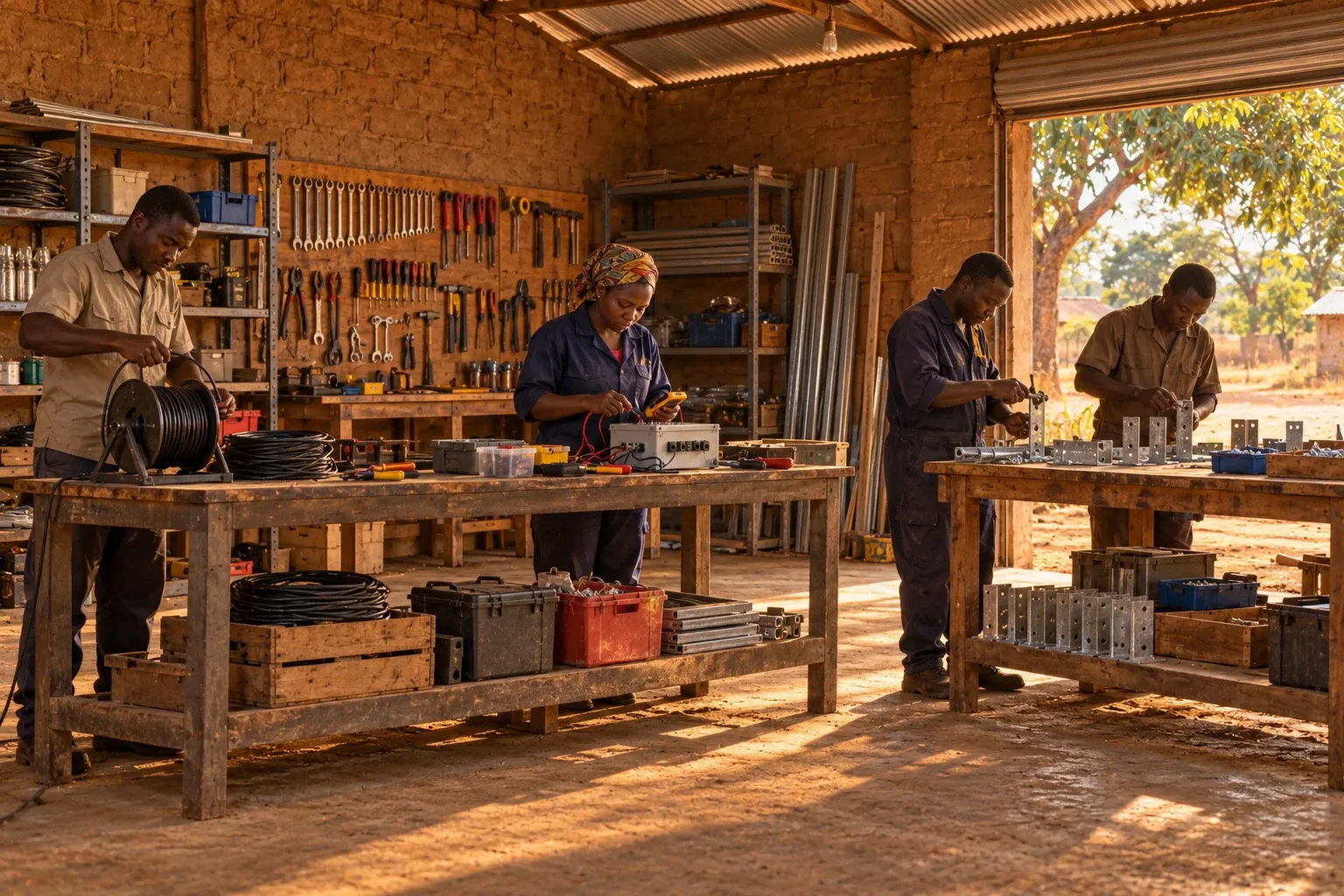 The Kindling partner workshop in full working order, four people at the benches.