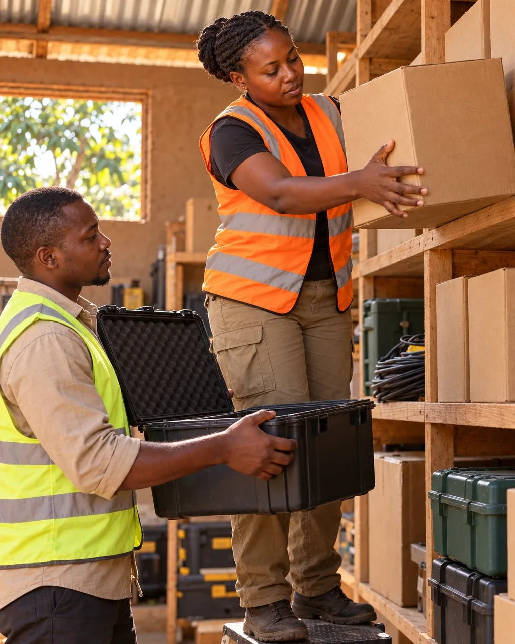 A member of the Kindling team lifting a boxed lantern down from a store-room shelf.