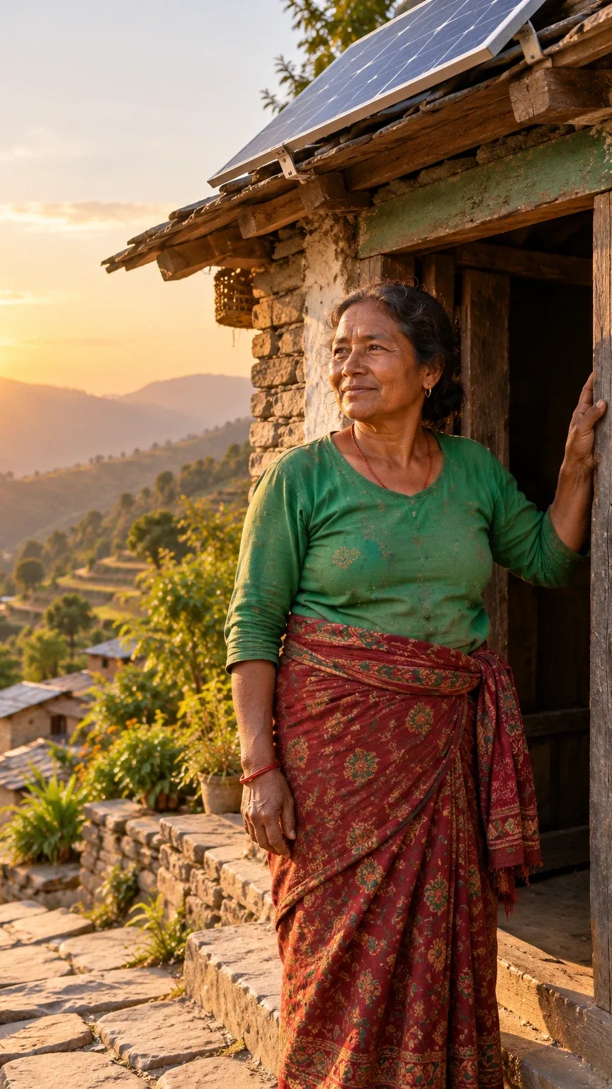 A woman standing in the doorway of her hillside home as the light inside comes on.
