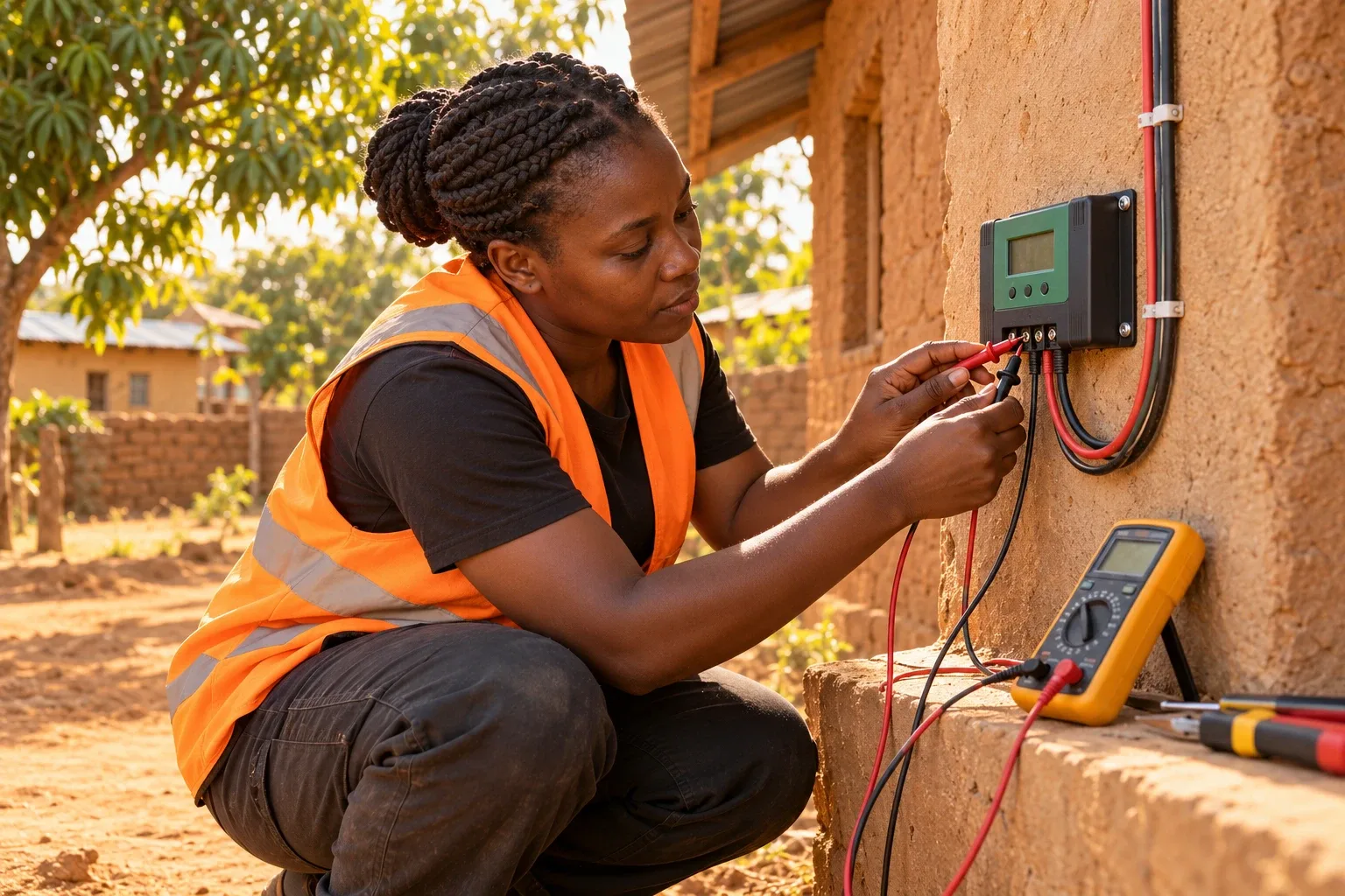 A technician in a high-visibility vest wiring cables into a charge controller on the wall of a village house.