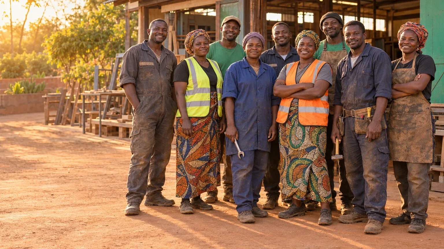 Nine people of a partner workshop standing together in front of the open workshop frontage.