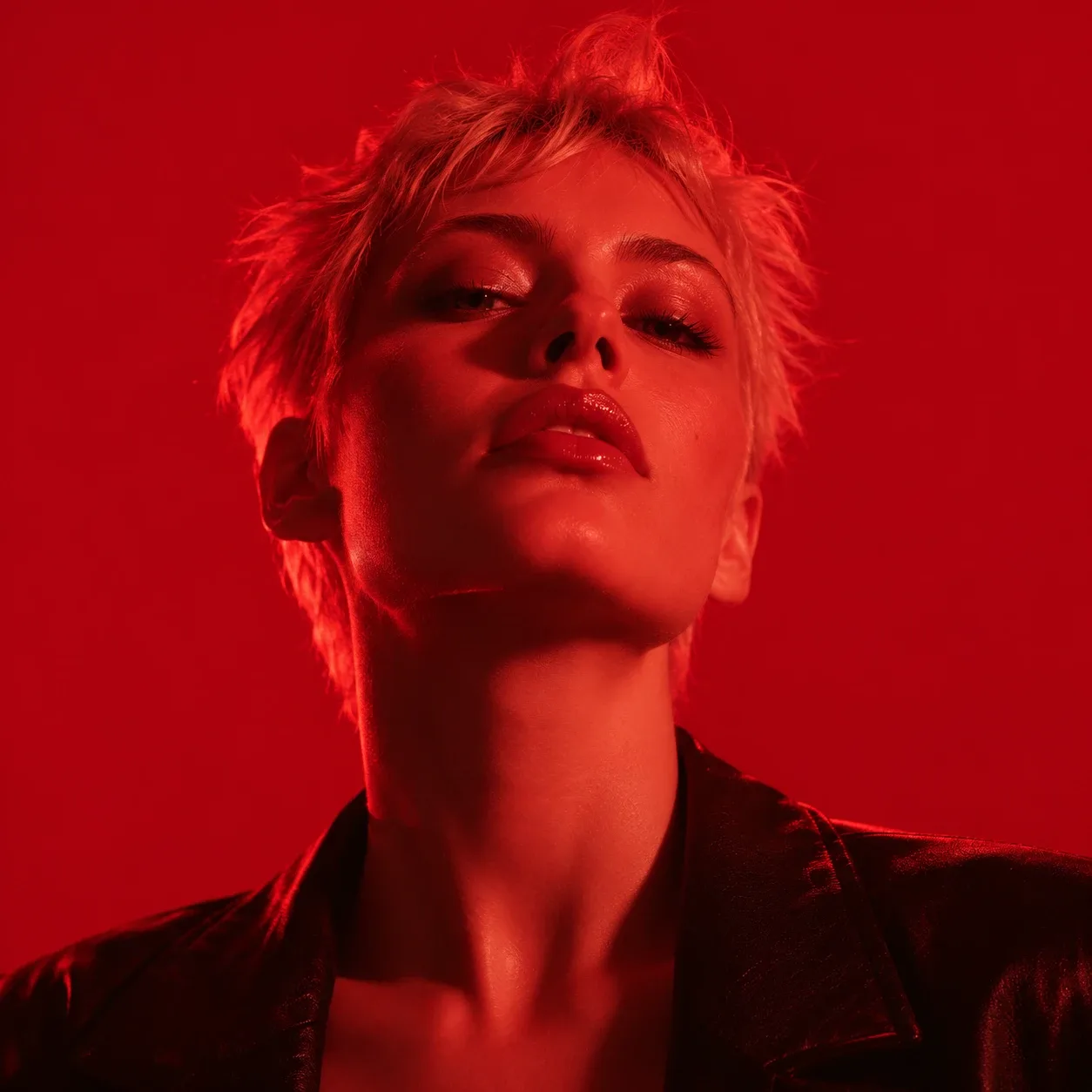 A person with short light hair bathed in red light, looking down at the camera