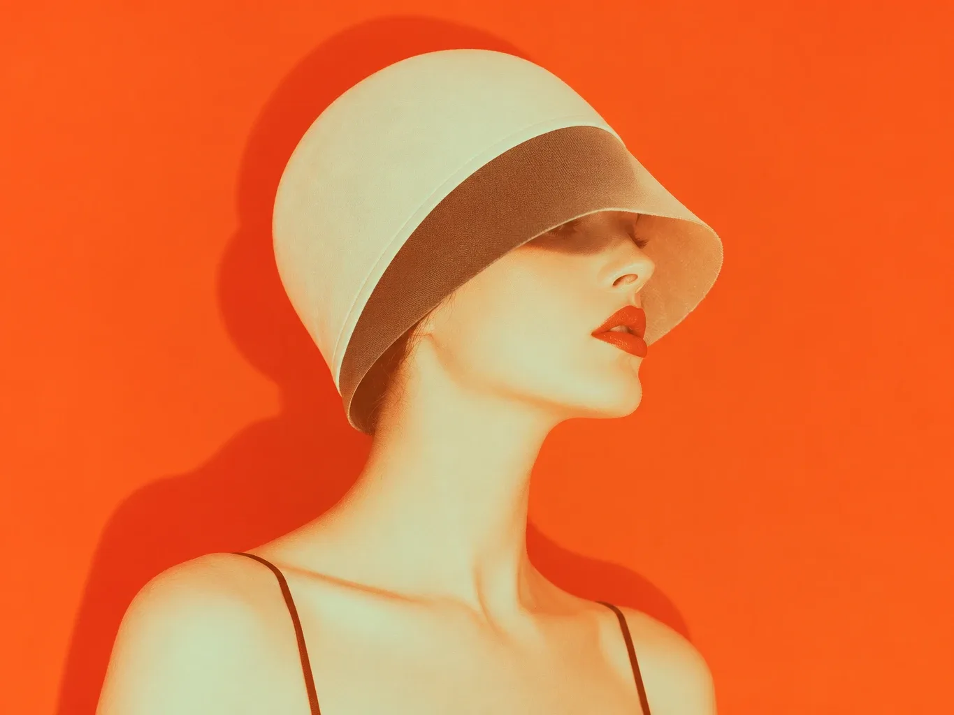 A pale porcelain-skinned woman in profile wearing a cream cloche hat