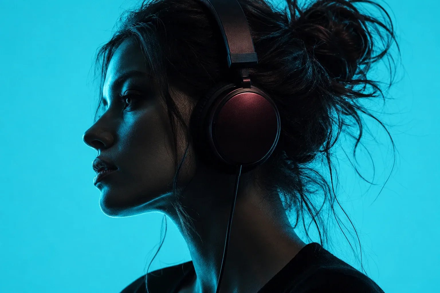 Silhouette of a woman in profile with a loose messy updo wearing over-ear headphones