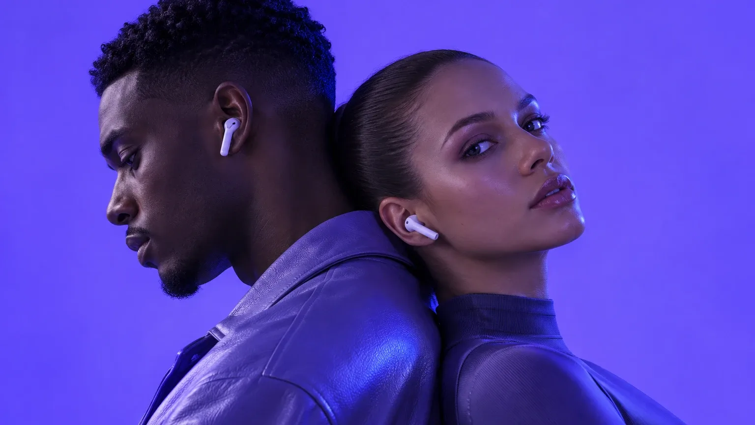 A man and a woman leaning back to back, both wearing small white wireless earbuds