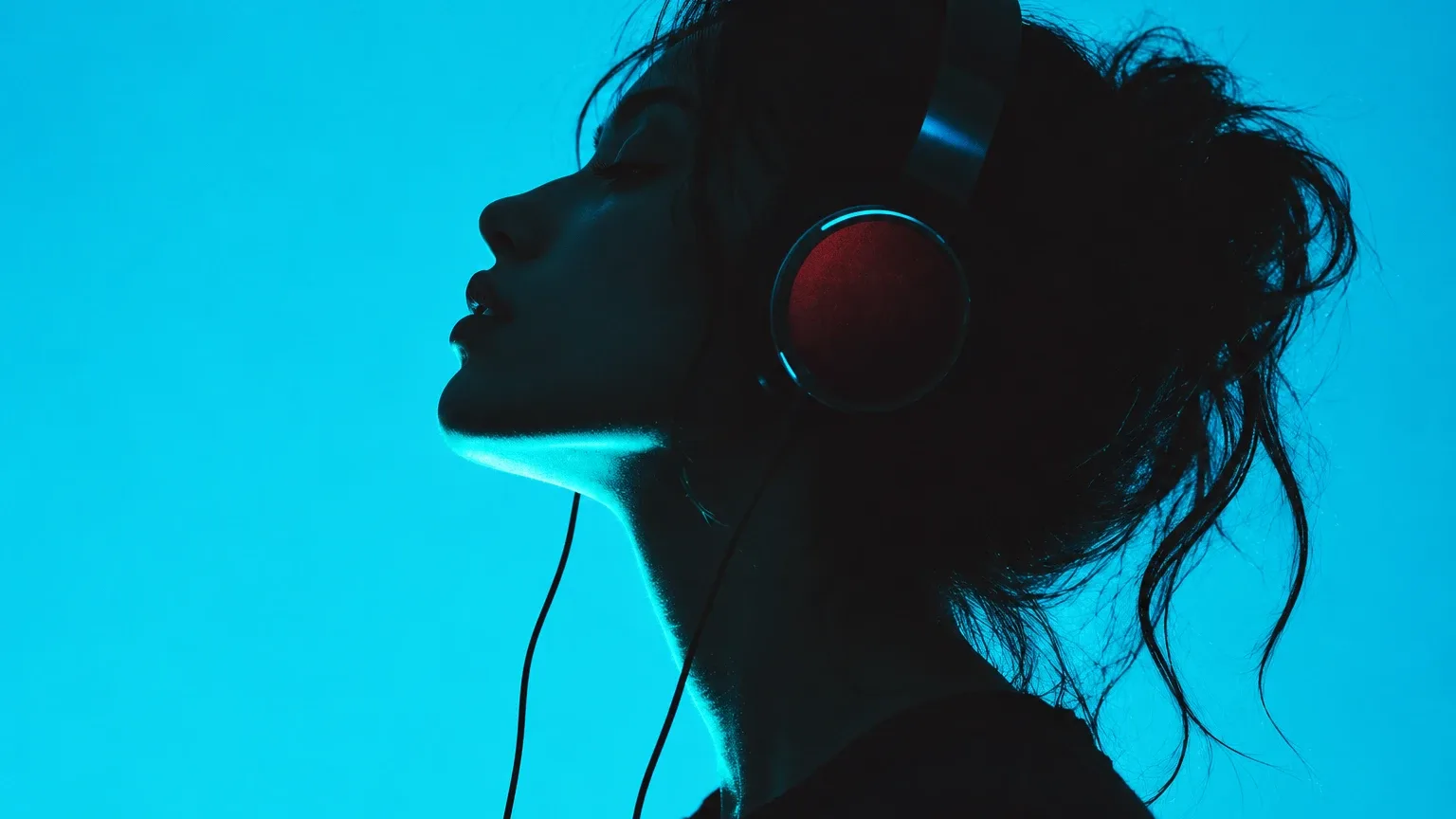Silhouette of a woman in profile with a loose messy updo wearing over-ear headphones