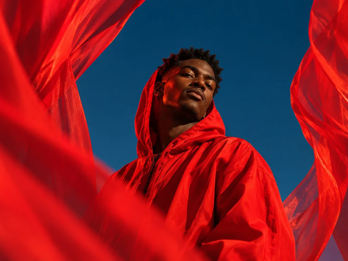 A young man in a red hoodie surrounded by flowing red fabric