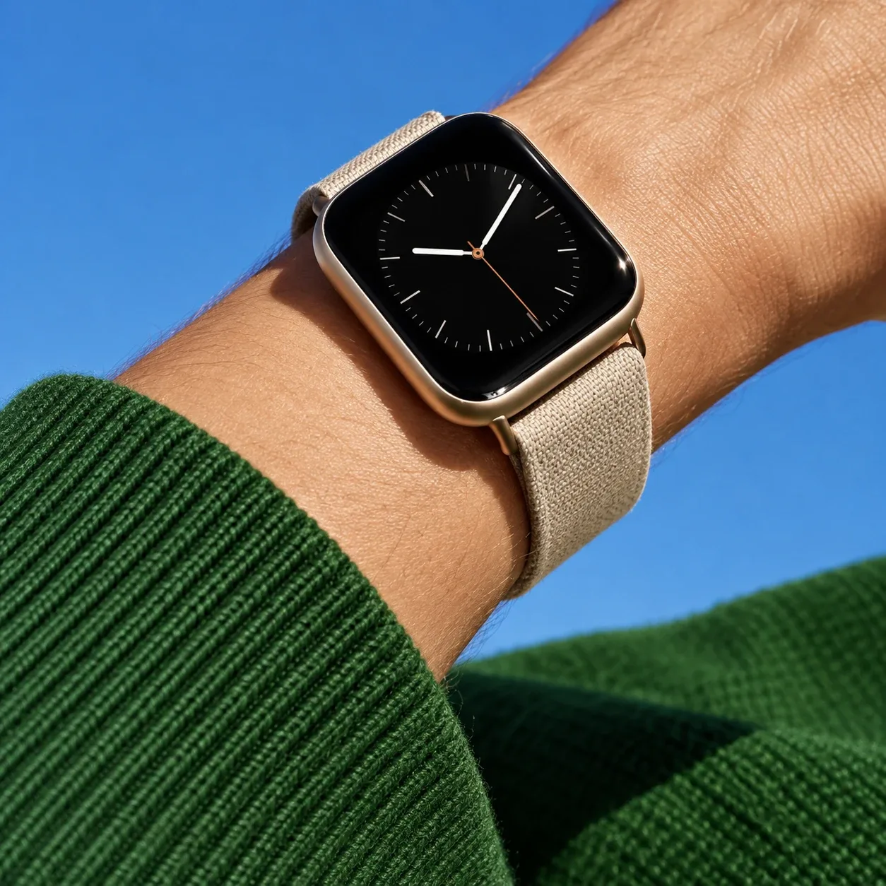 Close-up of a wrist in a green knit sleeve wearing a smartwatch with a beige woven strap