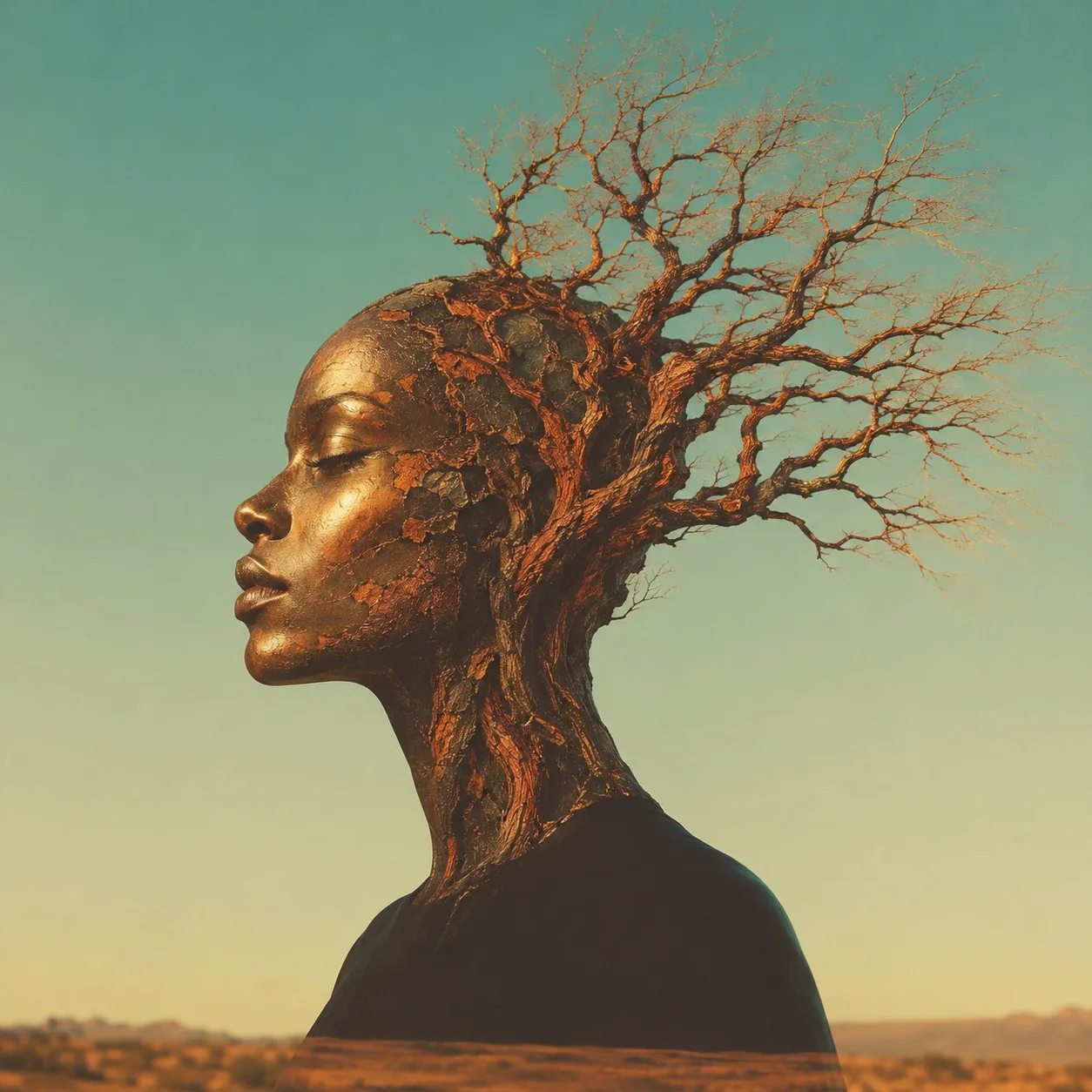 Surreal portrait: a human head in profile made of bronze bark